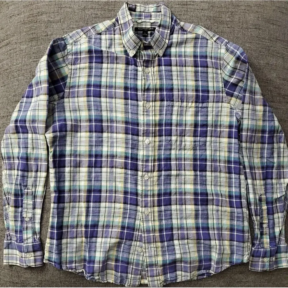 Banana Republic Men's Linen Cotton Blue Green Yellow Plaid‎ Casual Shirt Size L